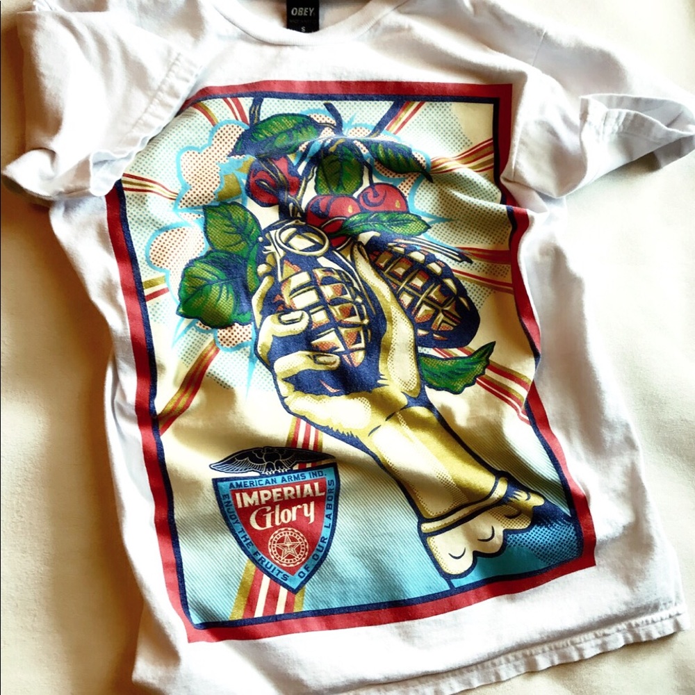 Obey small white box t shirt with graphic